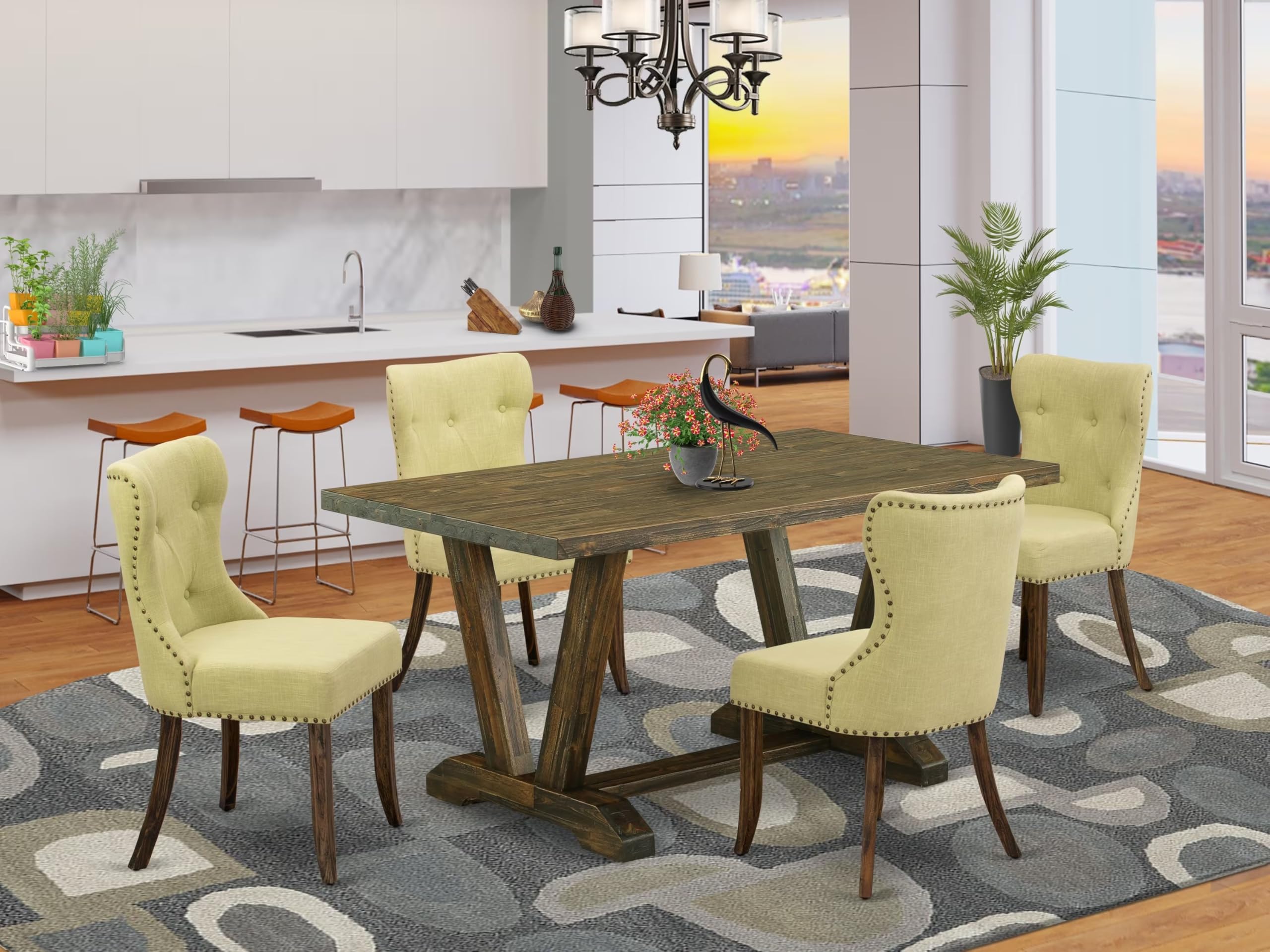 East West Furniture V776Si737-5 5 Piece Modern Dining Table Set Includes A Rectangle Wooden Table With V-Legs And 4 Limelight Linen Fabric Parson Dining Chairs, 36X60 Inch, Multi-Color